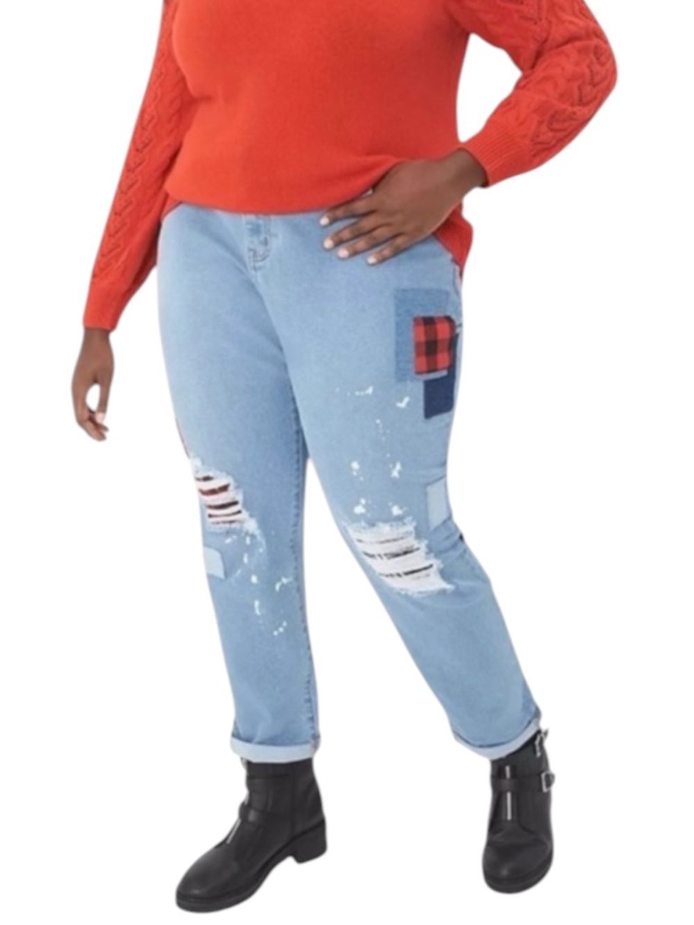 LANE BRYANT Distressed Boyfriend Jeans with Plaid Patchwork Size 22 -- FALL!!!!